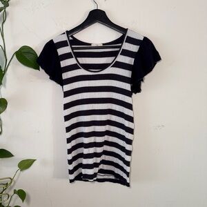 T.LARibbed Navy Blue and White Stripe Circular Cap Sleeve Anthropologie Top